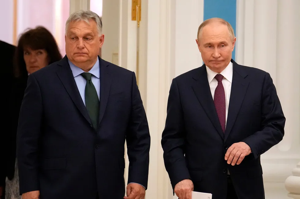 Russian President Vladimir Putin (right) and Hungarian Prime Minister Viktor Orban (left) in the Kremlin in Moscow in July 2024.