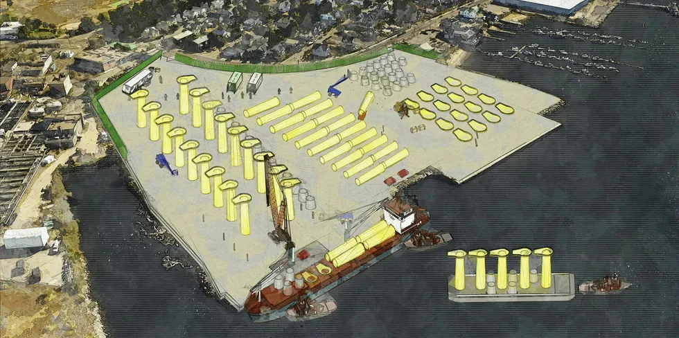 Artist's rendering of offshore wind hub and staging facility proposed by Vineyard Wind at Bridgeport, Connecticut