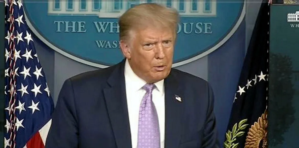 Donald Trump speaking to reporters at a press conference August 5, 2020.