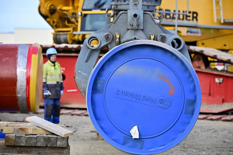 A man works at the construction site of the Nord Stream 2 gas pipeline in Lubmin, northeastern Germany