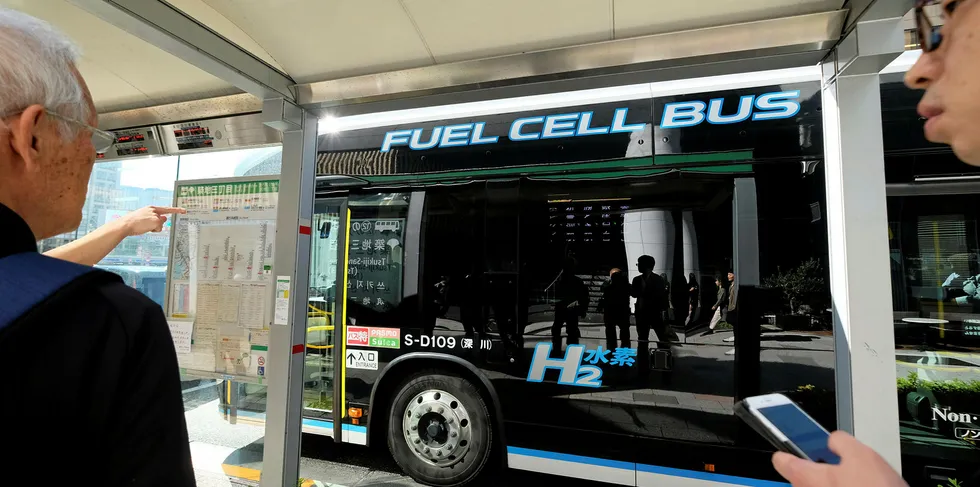 A hydrogen-powered Toyota Sora bus, serving on routes operated by the Tokyo Metropolitan Government Bureau of Transportation, is seen in Tokyo on October 23, 2019.
