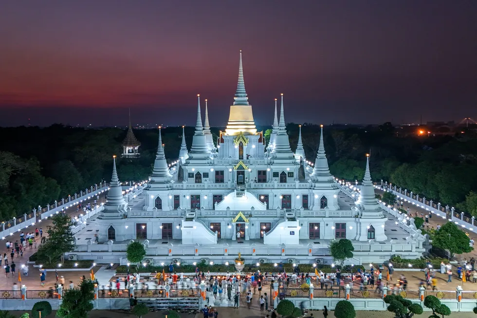 A drone view of Wat Asokaram Temple during a ceremony commemorating Makha Bucha Day in Samut Prakan province, Thailand, in February 2025.
