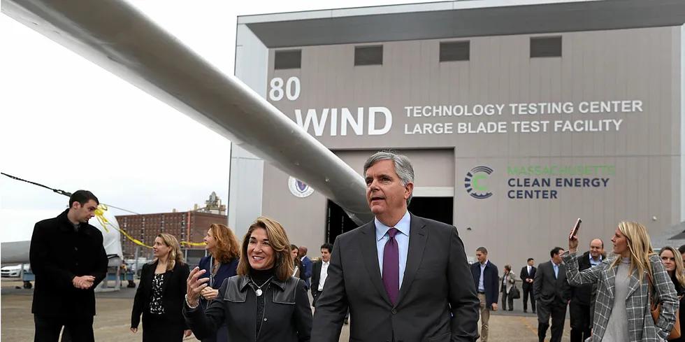 GE CEO Larry Culp at a wind blade test centre. The OEM is leading the US market.