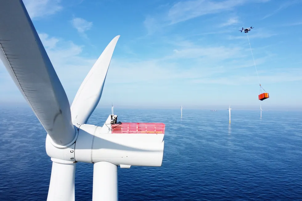 A drone approaches a turbine at the Borssele 1&2 offshore wind farm in the Dutch North Sea.