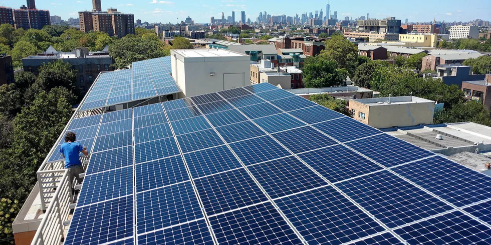 . Solar panels on a rooftop in New York City.