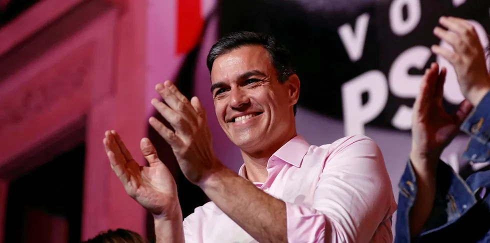 The Prime Minister of Spain, Pedro Sanchez, nicknamed 'Mr Handsome' addresses supporters outside of the PSOE (Spanish Socialist Workers‚Äôs Party) headquarters.