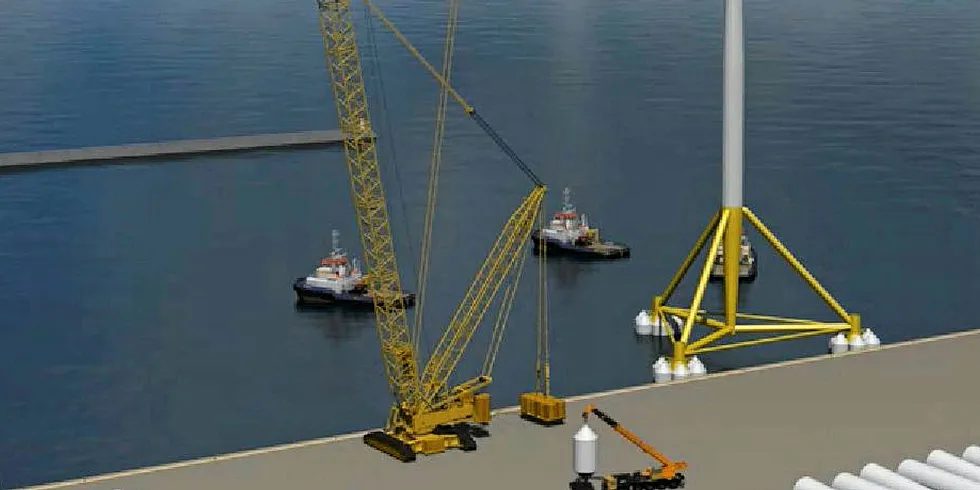 A rendering of the TetraSpar floating foundation at portside.