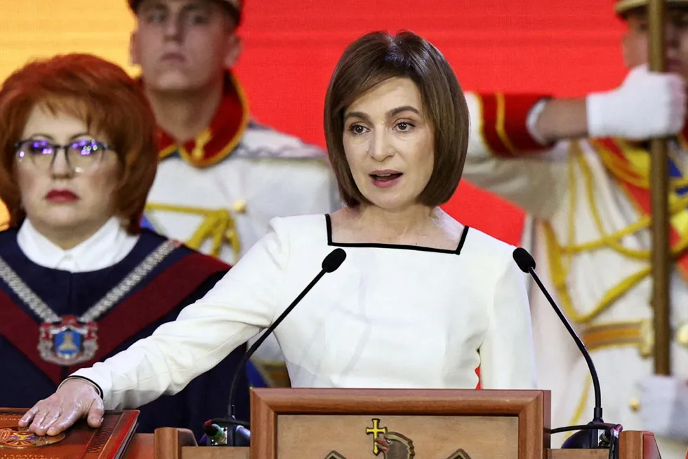 Moldova's President Maia Sandu takes the oath during an inauguration ceremony for her second term in office in Chisinau on 24 December 2024.
