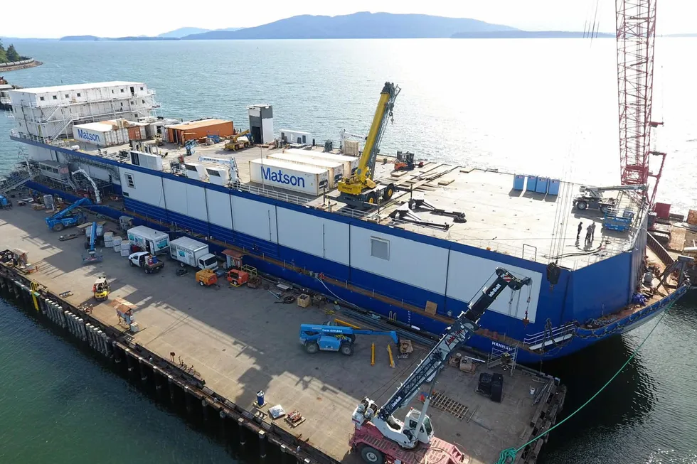 An aerial photo of the Northline Seafoods barge Hannah.