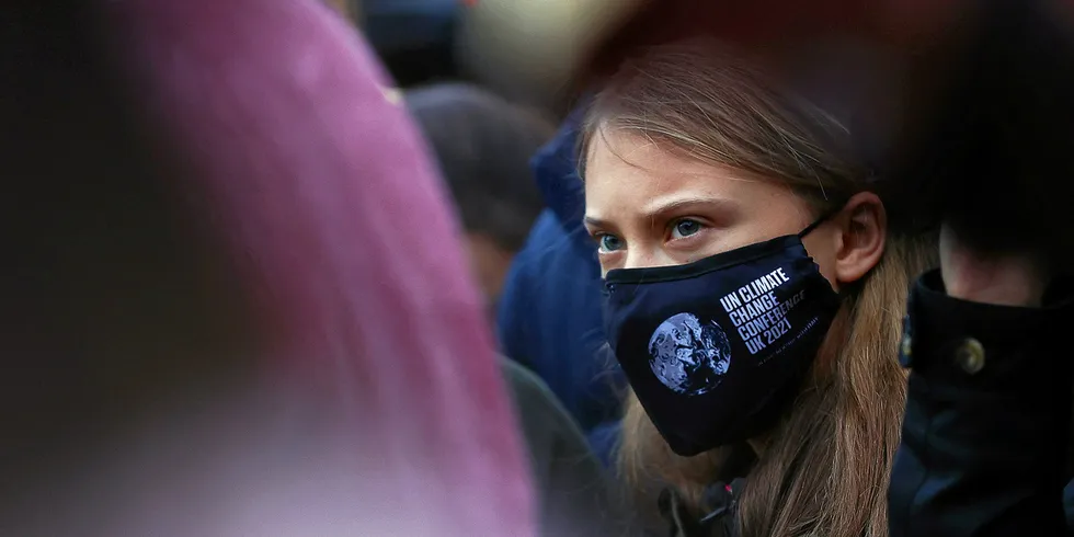 Swedish climate activist Greta Thunberg takes part in a protest at Festival Park in Glasgow on the sidelines of the COP26 UN Climate Summit.