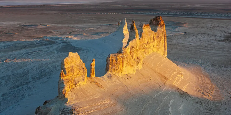 High rocks in the Kazakhstan steppe . Asia Steppes.