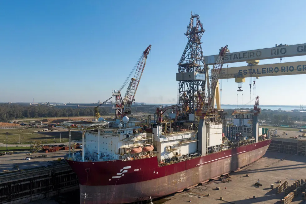 A first: drillship ODN I undergoing maintenance at the ERG shipyard in Brazil.