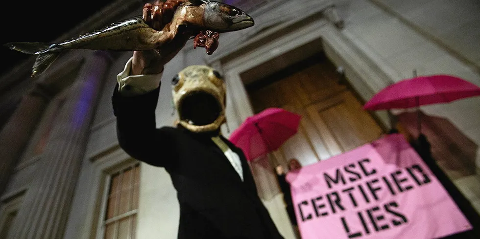 Protestors with Ocean Rebellion demonstrate against the Marine Stewardship Council (MSC) in London in 2023.