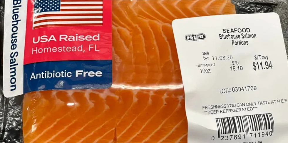 Atlantic Sapphire's land-based farmed salmon on display at HEB stores in Texas.