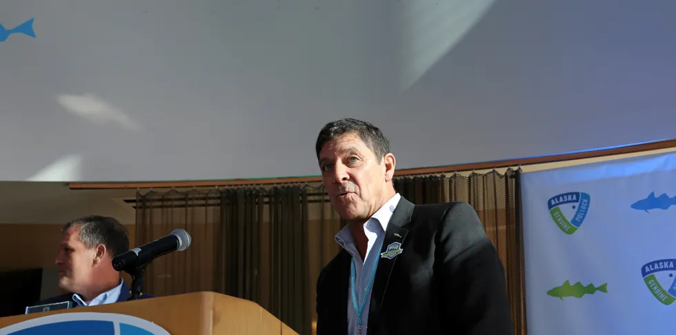 Bob Desautel speaking at GAPP's Wild Alaska Pollock meeting in Seattle in October of 2019.