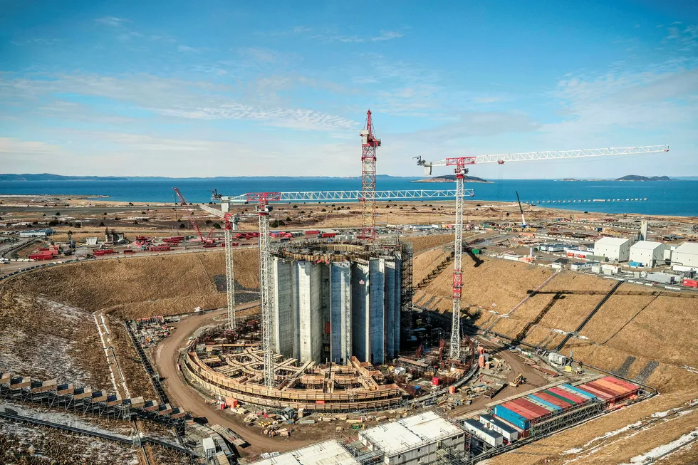 Frozen: Husky Energy's West White Rose concrete gravity structure under construction in March 2019 at a purpose built graving dock in Argentia, Newfoundland & Labrador, Canada