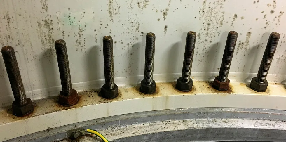 Corrosion and mould inside a wind turbine caused by damp air.