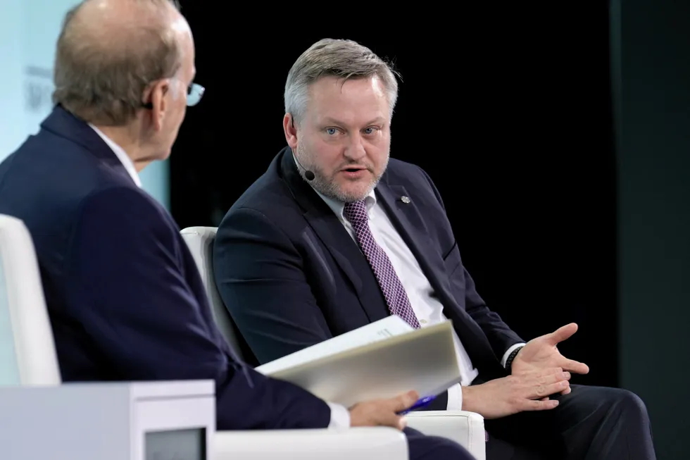BP chief executive, Murray Auchincloss, speaks to S&P vice chair, Daniel Yergin, at the CERAWeek by S&P Global event in Houston in March 2024.