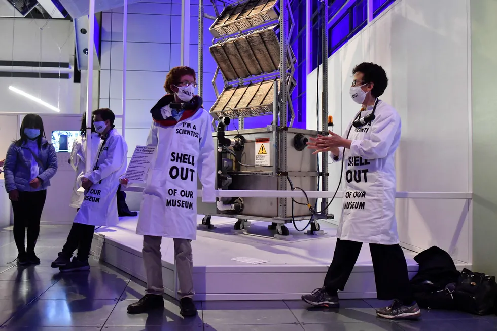 Protest: in May, activists from Extinction Rebellion chained themselves to an exhibit at the Our Future Planet exhibition, sponsored by Shell