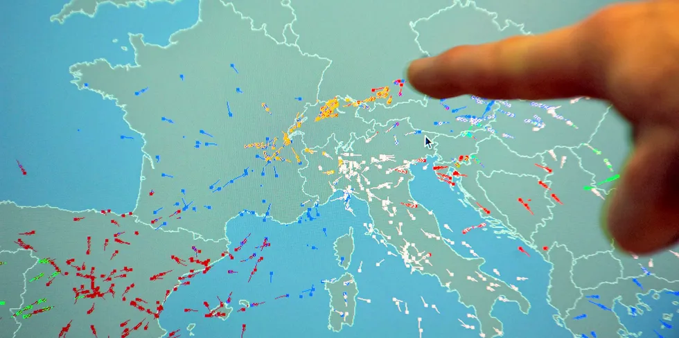 A screen at Eurocontrol headquarters in Brussels showing aviation traffic in southern Europe. Eurocontrol coordinates air traffic control across European nations — Francesco Starace says a similar continent-wide power dispatch system would shorten Europe's energy transition by ten years.