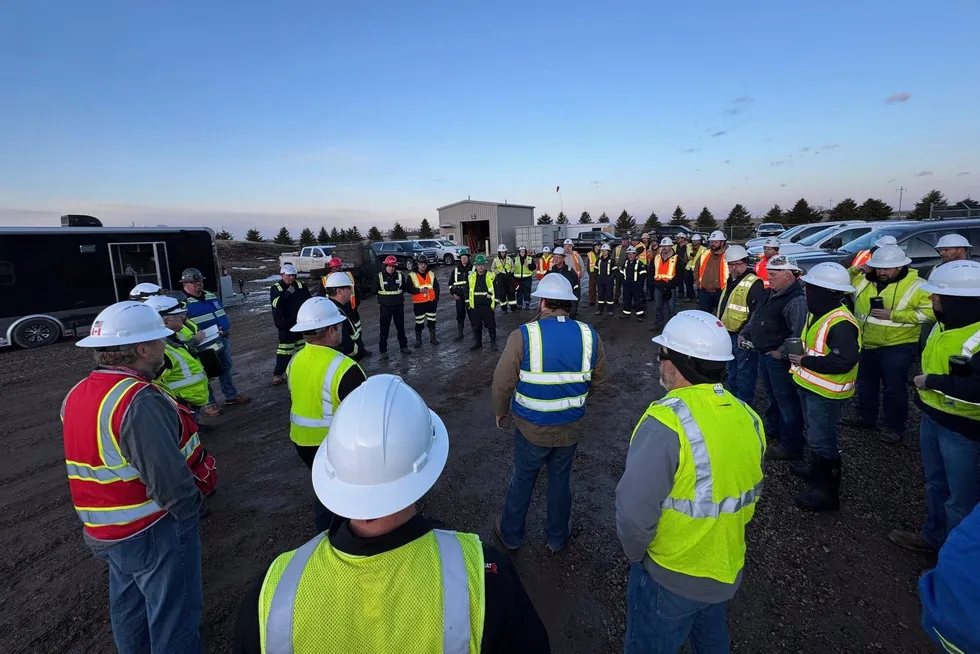 Workers gather to respond to the Keystone oil pipeline spill that occurred on 8 April, near Fort Ransom, North Dakota.