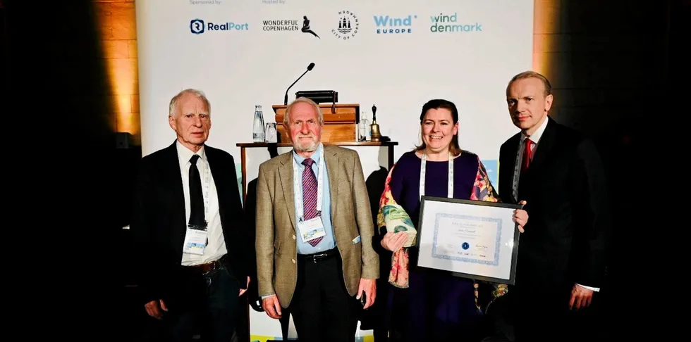Award ceremony (from left to right): Poul La Cour Foundation member Bjarke Thomassen, prize-winner Anne Velenturf and WindEurope CEO Giles Dickson