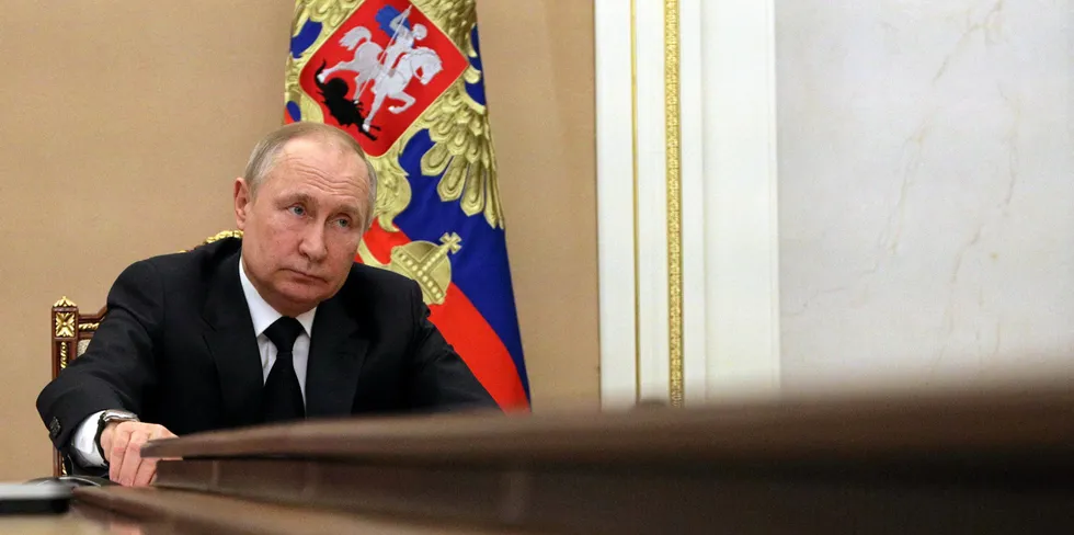 Russian President Vladimir Putin at a teleconference with his cabinet in early March.