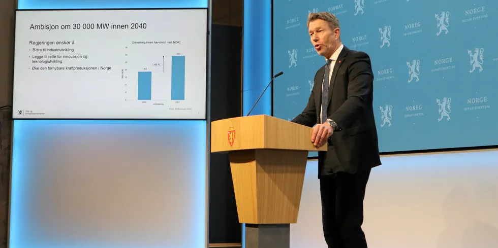 Norway's oil and energy minister Terje Aasland at a December 6 press conference on government frameworks for offshore wind