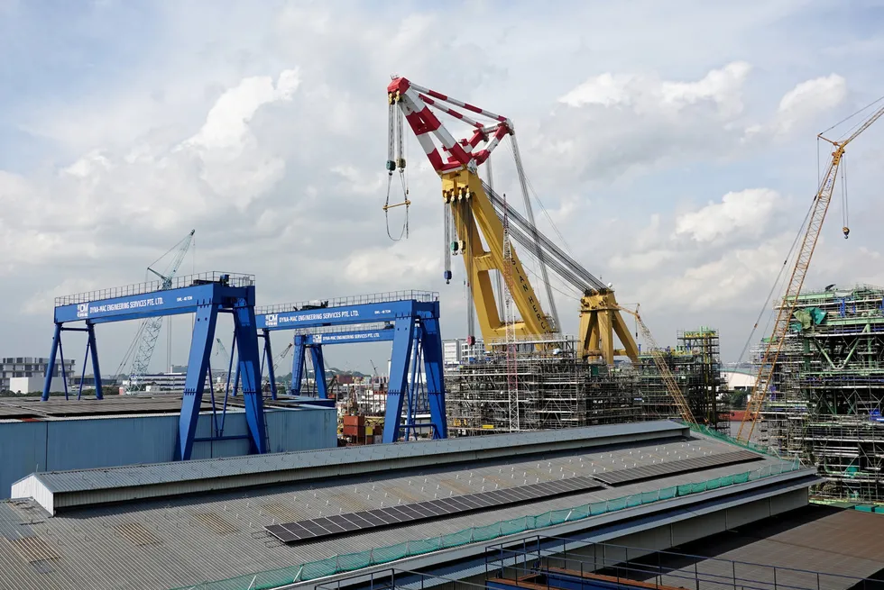 FPSO topsides modules under construction at a Dyna-Mac yard in Singapore.