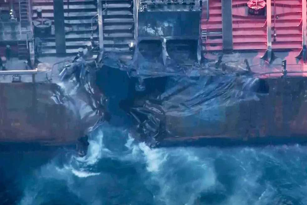A picture taken from video shows damaged parts of the tanker Stena Immaculate in the North Sea, off the coast of northeast England on Tuesday.