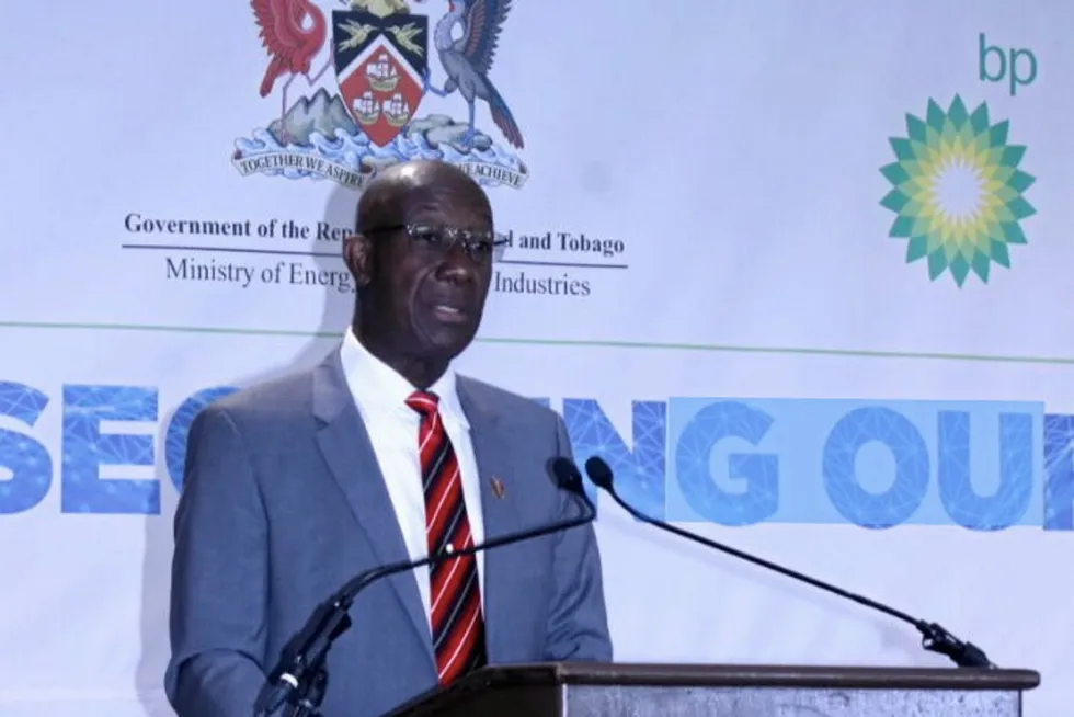 Revamp: Trinidad & Tobago Prime Minister Keith Rowley speaks at the signing ceremony for restructuring the Atlantic LNG consortium.