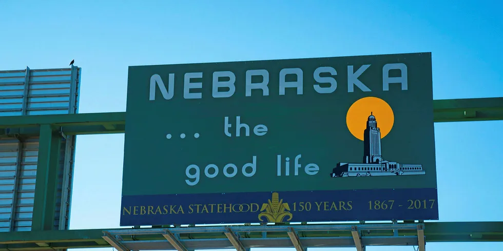 A Nebraska welcome sign on the Siouxland Veterans Memorial Bridge over the Missouri River.