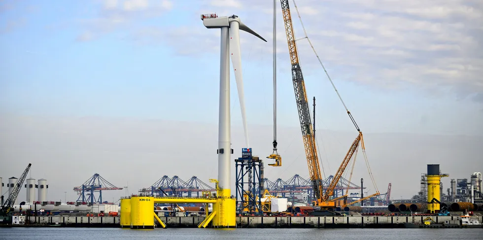 The platforms for the 50MW Kincardine floating wind power project off Scotland were fabricated in Spain, with turbine mated in the Netherlands (pictured)