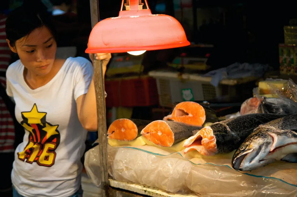 Farmed salmon on sale in Huangsha Seafood Market, Guangzhou, China.