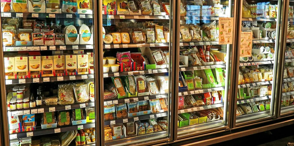 Food products in freezer in supermarket.