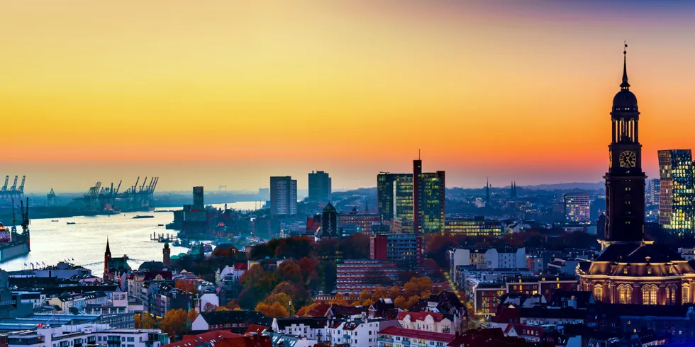 Panoramic aerial view of the harbor, St. Michael's Church and downtown Hamburg, Germany.