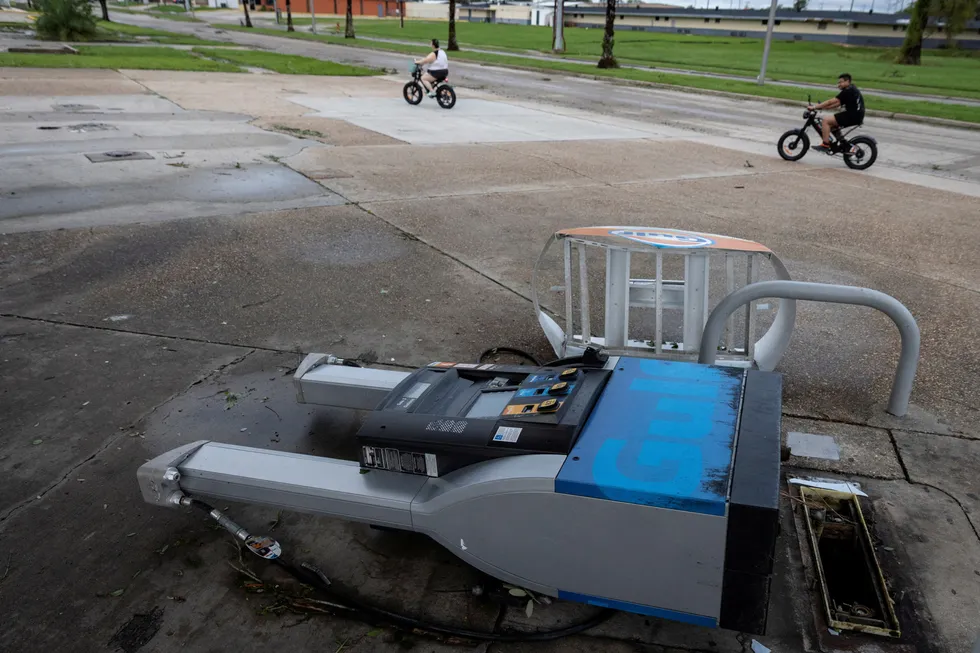 A damaged pump is seen at a gas station in the aftermath of Hurricane Francine, in Morgan City, Louisiana, US.