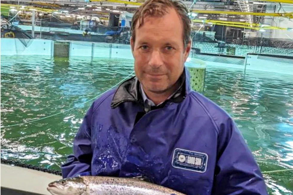 CEO Joachim Nielsen with one of Proximar's land-farmed Atlantic salmon.