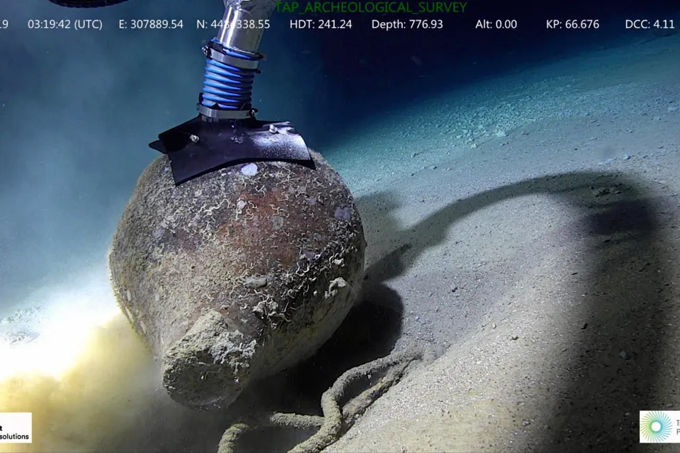 Ancient find: A 7th Century BC jar being lifted from the Adriatic Sea floor near the route of the Trans-Adriatic Pipeline