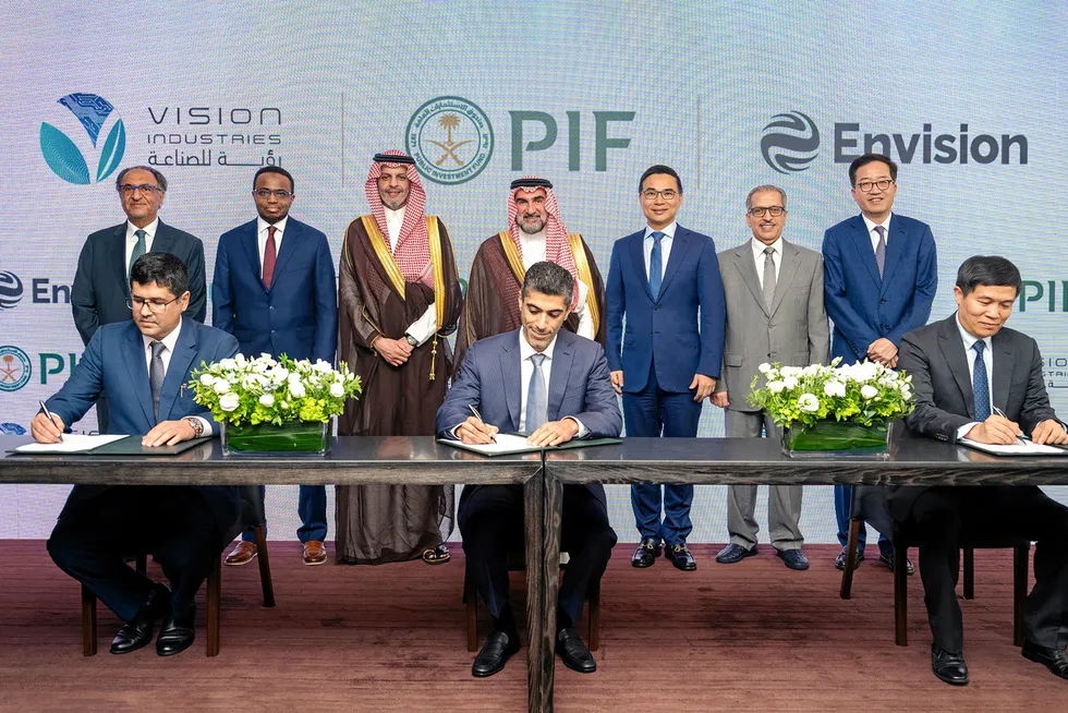 A signing ceremony for the deal was attended by PIF governor Yasir Othman Al-Rumayyan (back centre), Envision chair Lei Zhang (back centre right) and board members of Vision Industries.