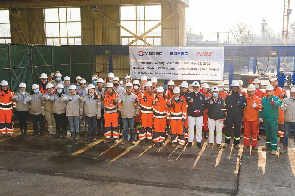 Milestone celebration: first steel has been cut on the turret mooring system being provided by Sofec for the Sangomar oilfield development, off Senegal