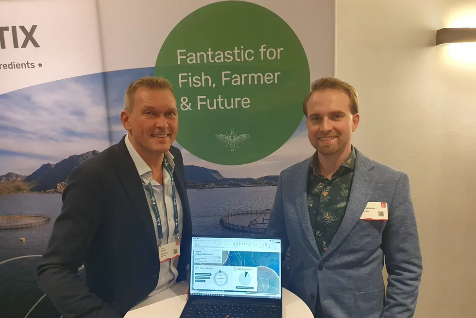 Aller Aqua Sales Director Nordics Lars Rohold (to the left) and Dutch feed group Protix Business Developer Manager Michel van Spankeren (to the right) in Bergen at NASF 2025.