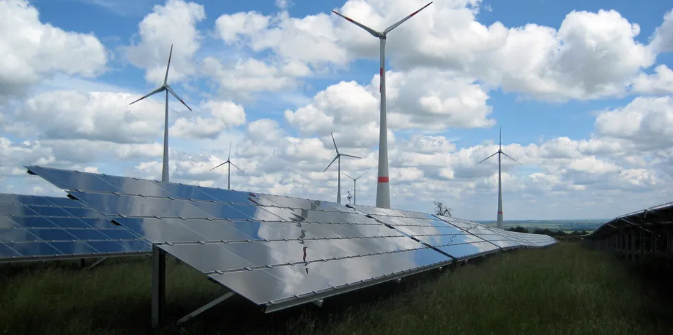 PV, wind . Solar panels and wind turbines at headquarters of German developer Juwi.