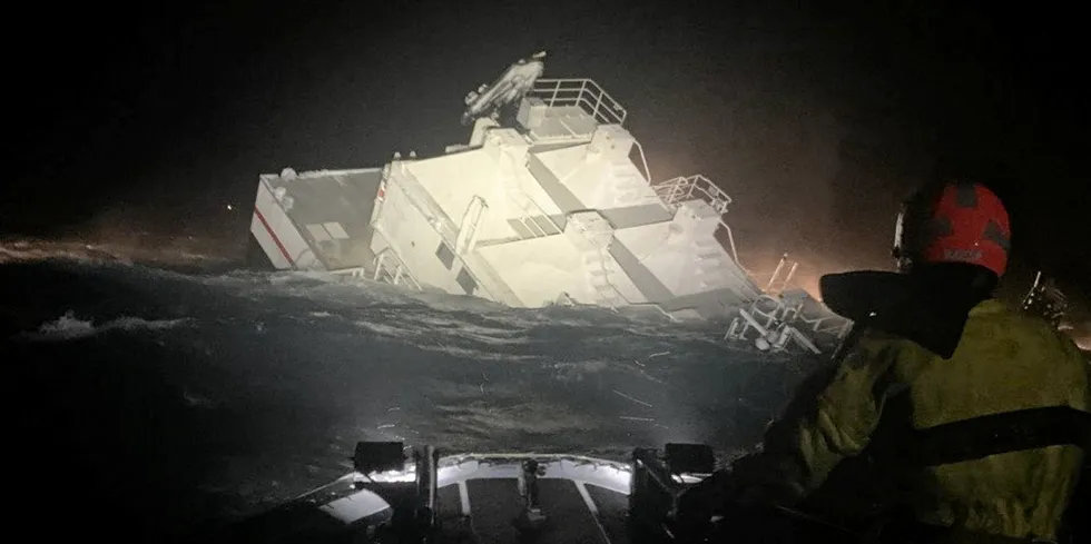 Severe icy weather conditions could be one reason why Iceland-based salmon farmer Laxar's feed barge sank in 2021. (The picture is not related to Bakkafrost's barge that sunk in Scotland in 2023.)