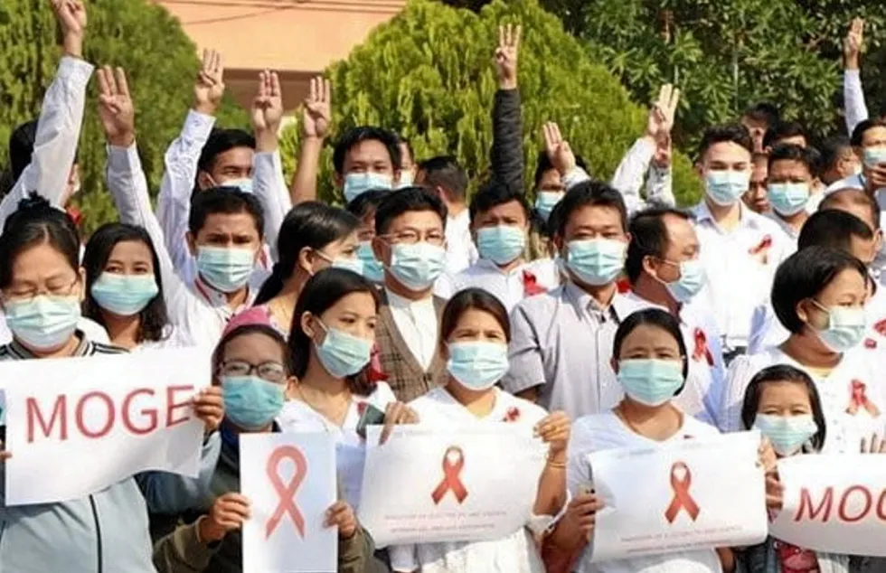 Showing their support for democracy: Myanma Oil & Gas Enterprise employees