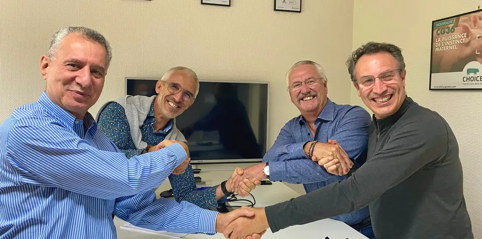 From left to right: Lorenzo Juarez, CEO of SPD; Frederic Grimaud, chairman of Groupe Grimaud; Fred Thurman, chairman of SPD; and Carlos Pineda, CEO of Blue Genetics Mexico, signing the agreement at Groupe Grimaud’s central offices in La Corbiere, France.