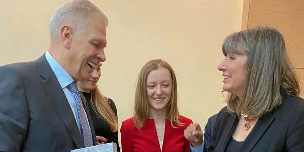 Alicia Gallardo (right) met Sergey Dankvert (left) in Moscow to discuss the potential lifting of a ban on Chilean farmed salmon products.