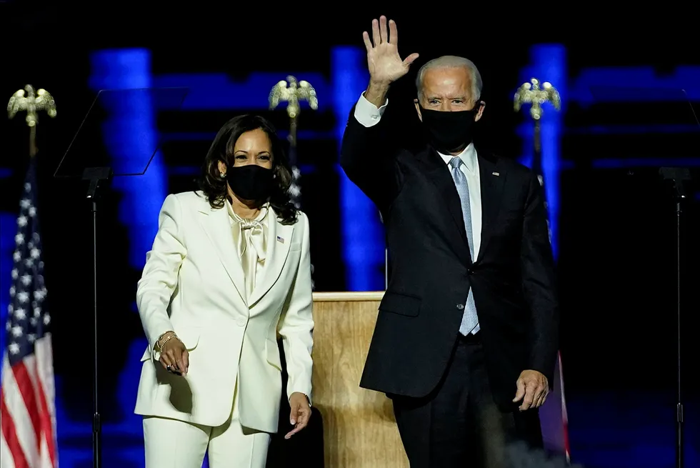 Energy shift: US President-elect Joe Biden and Vice President-elect Kamala Harris speak in Wilmington, Delaware, after being declared the winners of the election.