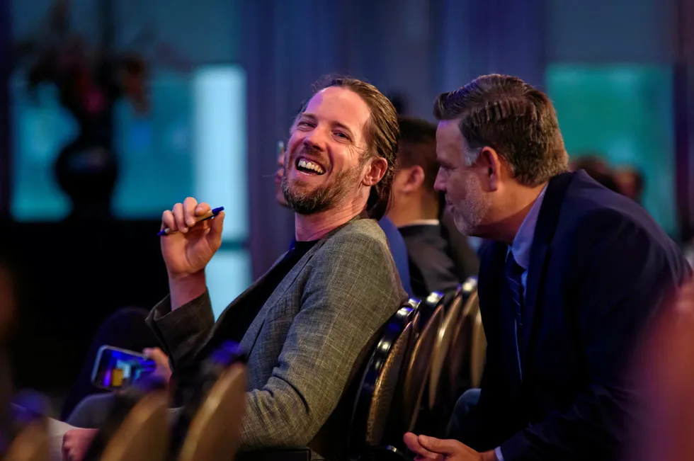 Willem van der Pijl, co-founder of the Global Shrimp Forum (left) pictured with Gluna Shrimp's Gabriel Luna, co-founder of the Global Shrimp Council.