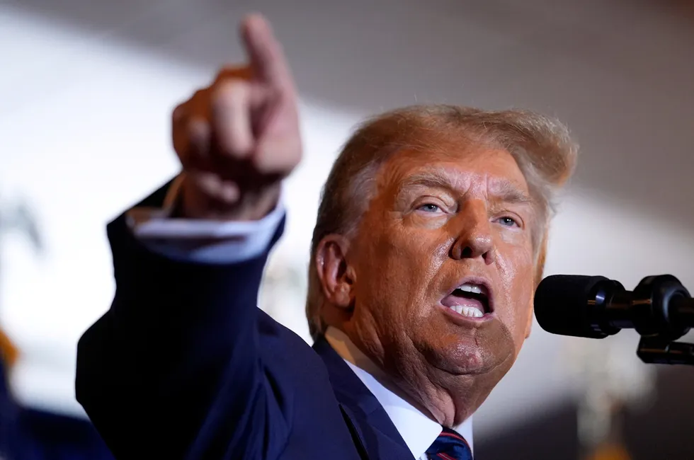 Republican presidential candidate former President Donald Trump speaks at a primary election night party in Nashua, New Hampshire, on Tuesday.